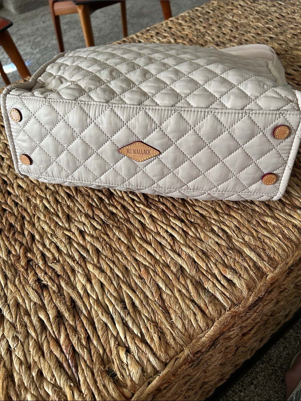MZ Wallace Quilted Cream/Mushroom Box Tote with Detachable Strap - Picture 3 of 10